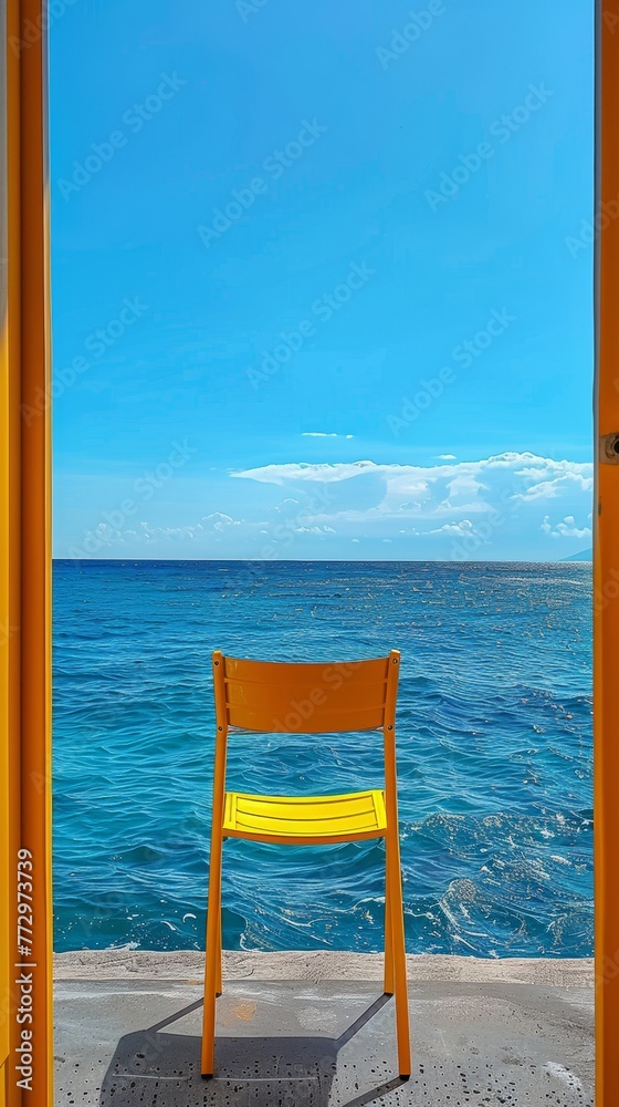 Fototapeta premium Yellow chair facing the sea from a balcony