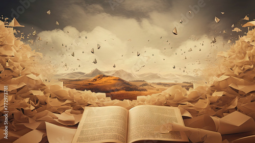 Open book with paper birds flying around photo