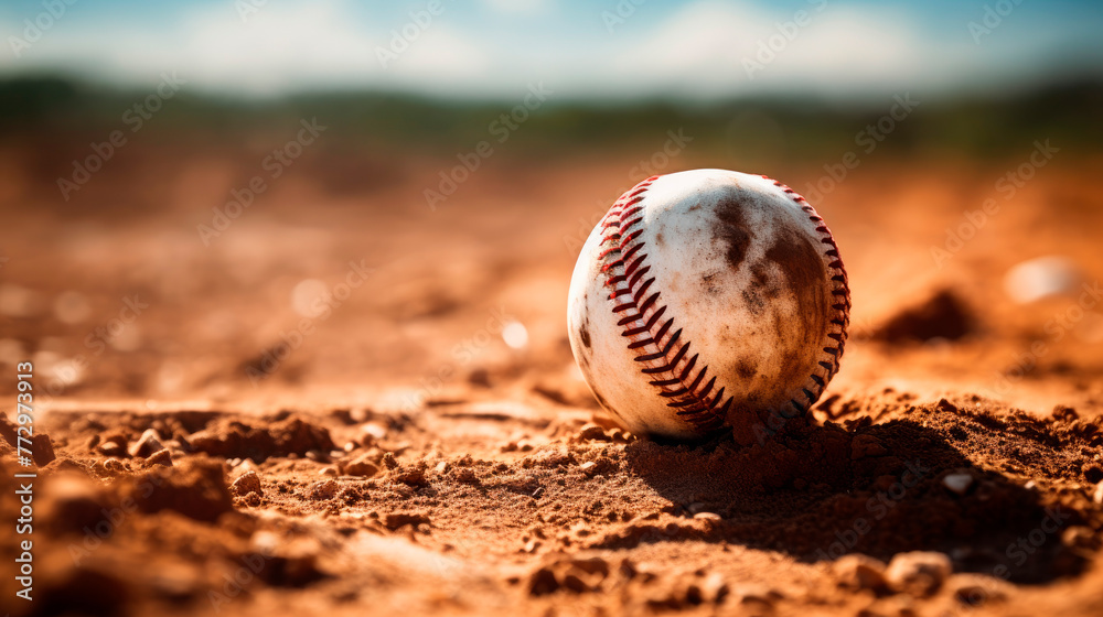 Close up of baseball on dusty field with sky backdrop