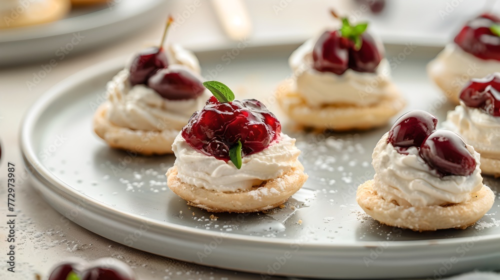 Delightful cherry-topped pastries on a modern plate, perfect for catering events. Fresh ingredients, elegant dessert presentation. Ideal for food blogs and menus. AI Delightful cherry-topped pastries on a modern plate, perfect for catering events. Fresh ingredients, elegant dessert presentation. Ideal for food blogs and menus. AI