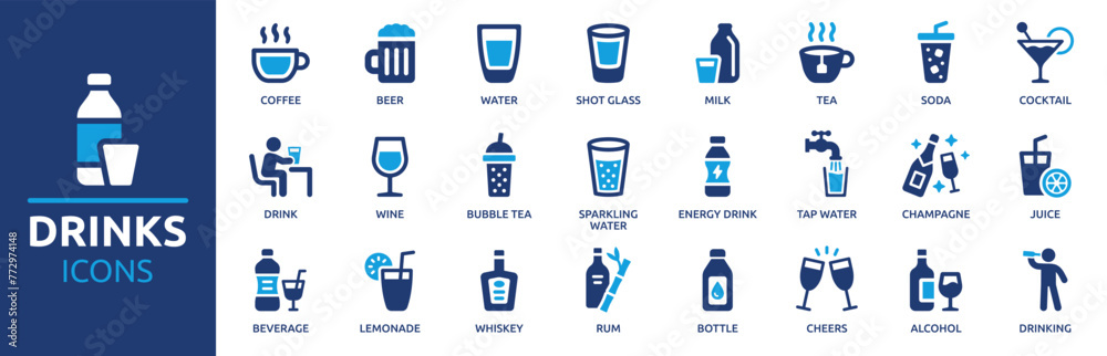 Obraz premium Drinks icon set. Containing water, coffee, tea, drinking, glass, soda, cocktail, bottle, wine, beverage and more. Solid vector icons collection.