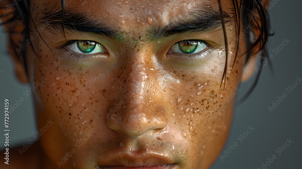 Close-up Portrait of a Young Man with Green Eyes and Freckles. High-Resolution Image, Perfect for Stock Use. Vibrant and Detailed Photography. AI