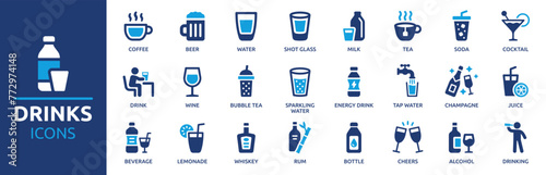 Drinks icon set. Containing water, coffee, tea, drinking, glass, soda, cocktail, bottle, wine, beverage and more. Solid vector icons collection. © Icons-Studio