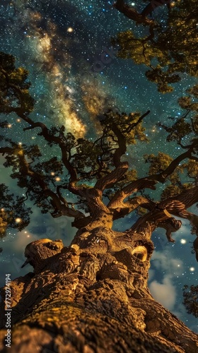 Starry night sky through the branches of an old tree