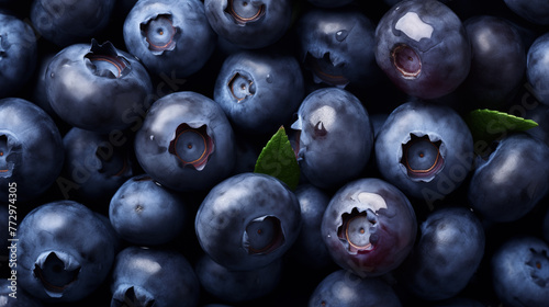 a pile of blueberries with a green leaf