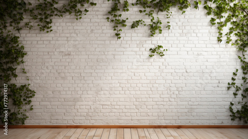 White brick wall with ivys and wooden floor © StockKing
