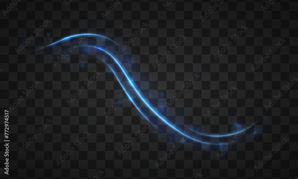 Dynamic waves with small parts on transparent background. Blue dust. Blue line with light effect. Bokeh effect. Dust of sparks and stars shine with a special light. Vector.