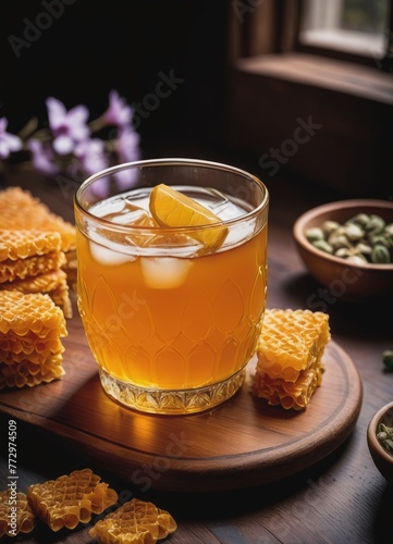 Glass jar brimming with golden honey, a sweet, natural delight for indulgence