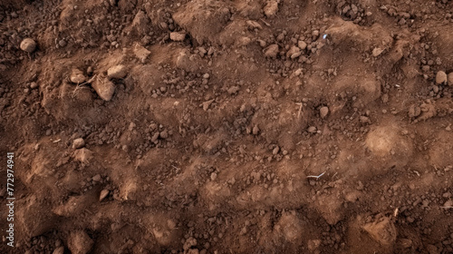 Rural field with scattered rocks and soil close up