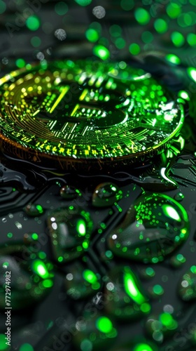 Glowing green bitcoin with raindrops on dark surface