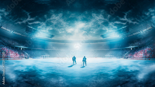 Two people standing on an ice rink in front of a stadium