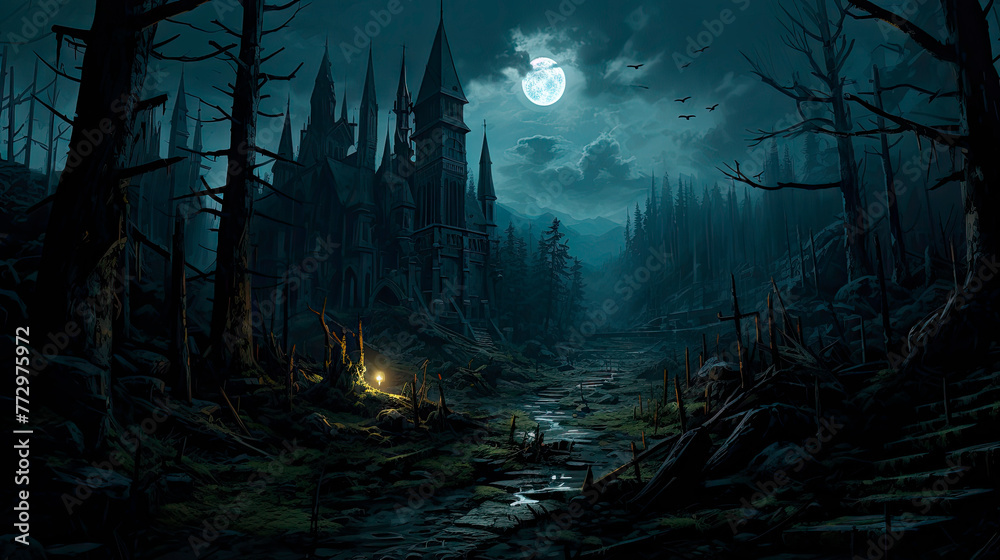 A castle and lantern in a dark forest