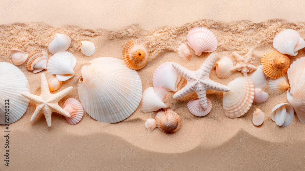 Seashells and starfish arranged on sandy shore