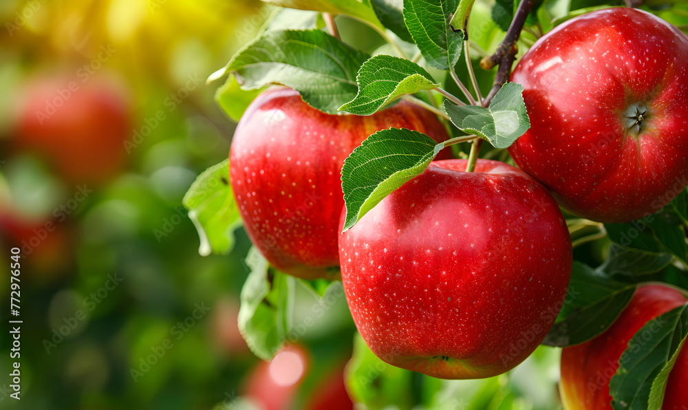 Fresh red apples on tree background, Generative AI Fresh red apples on tree background, Generative AI