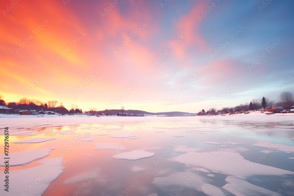 a frozen lake with ice and snow