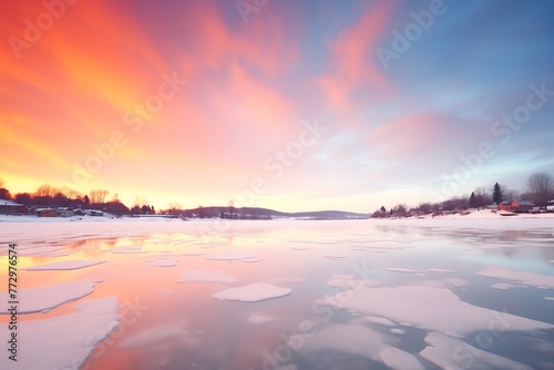 a frozen lake with ice and snow