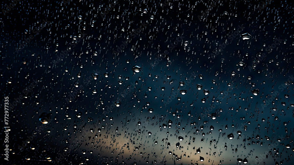 Rain covered window with various sized raindrops