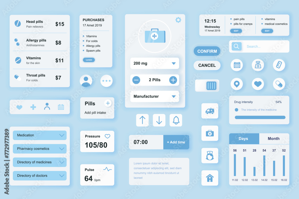User interface elements set for Medical mobile app or web. Kit template with HUD, online pharmacy, pills medication, purchase, doctor consultation, statistic. Pack of UI, UX, GUI. Vector components.