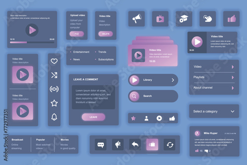 User interface elements set for Video tube mobile app or web. Kit template with HUD, player navigation, playlist, content trends, broadcast, streaming platform. Pack of UI, UX, GUI. Vector components.