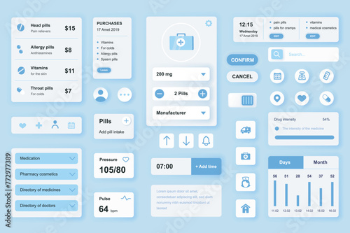 User interface elements set for Medical mobile app or web. Kit template with HUD, online pharmacy, pills medication, purchase, doctor consultation, statistic. Pack of UI, UX, GUI. Vector components.