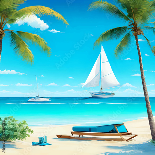 Illustration of a sandy beach with a sun lounger with green palm trees and a view of the azure blue sea with one sailboat on the water.