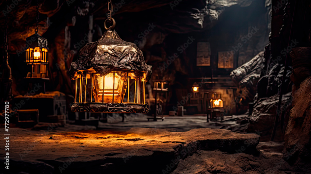 Obraz premium Lantern hanging from tree in cave