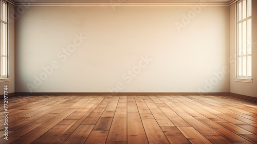 Empty room with a wooden floor and a large window