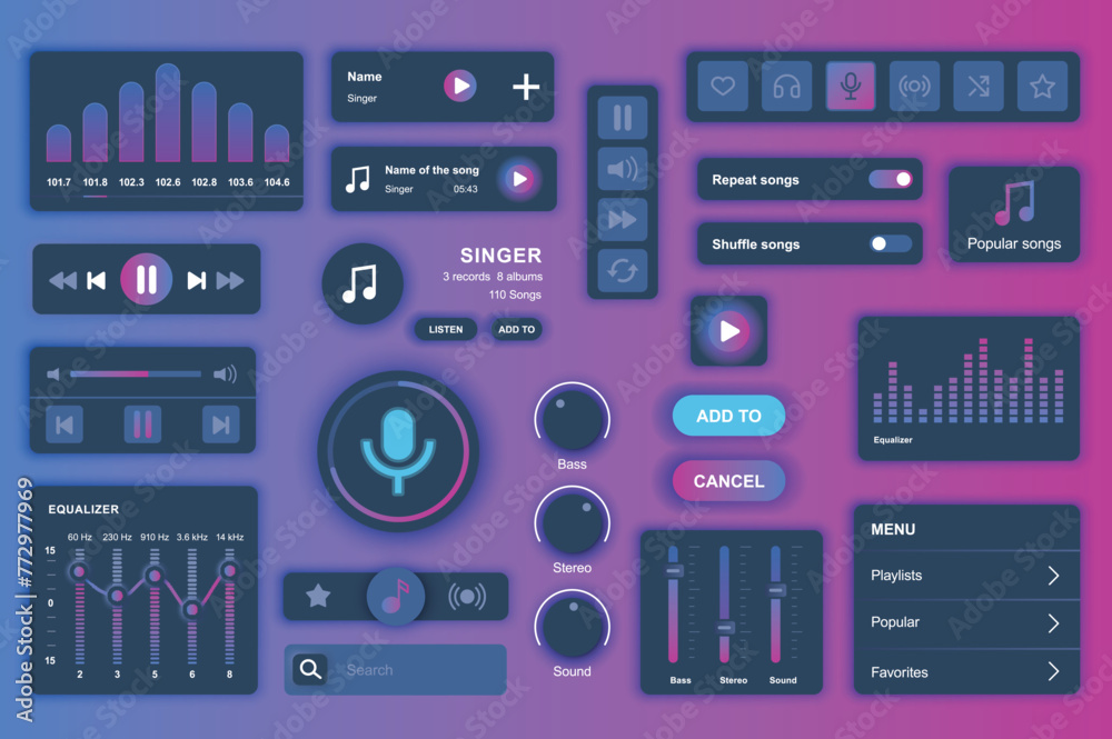 User interface elements set for Music mobile app or web. Kit template with HUD, song playlists, player, equalizer setting, tuner panel, audio broadcasting. Pack of UI, UX, GUI. Vector components. - obrazy, fototapety, plakaty 