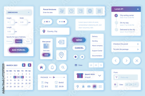 User interface elements set for Delivery mobile app or web. Kit template with HUD, parcel dimensions, calendar, online package tracking, courier route shipping. Pack of UI, UX, GUI. Vector components.