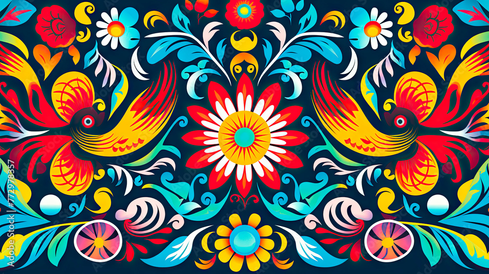 Mexican design with vibrant geometric details on a black background