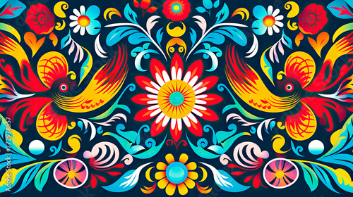 Mexican design with vibrant geometric details on a black background