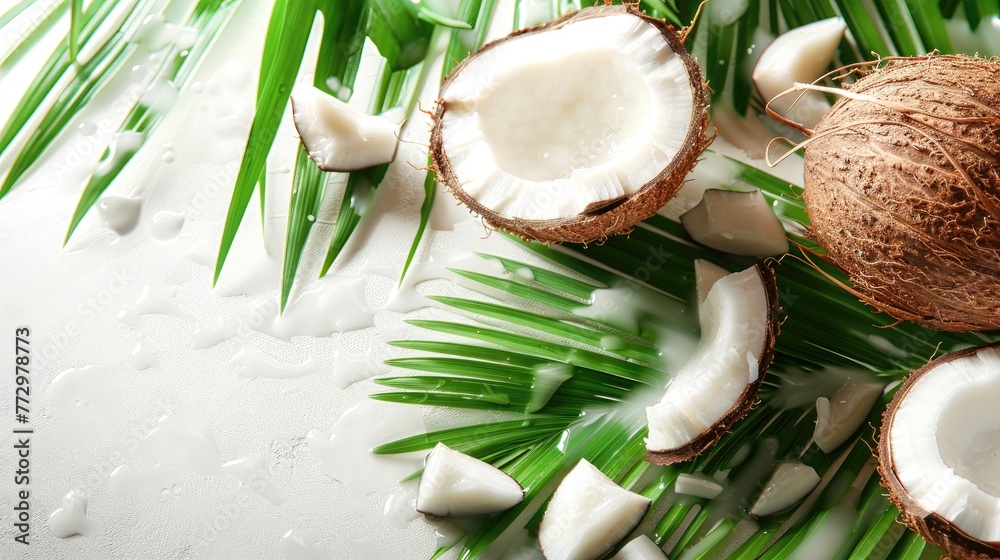 Halved coconuts with milk spilling on palm leaves and a white surface. Halved coconuts with milk spilling on palm leaves and a white surface.