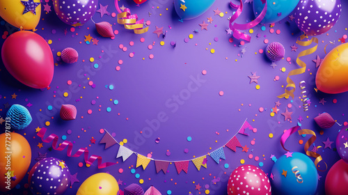 Cinematic Overhead View of Festive Birthday Elements on Purple Background