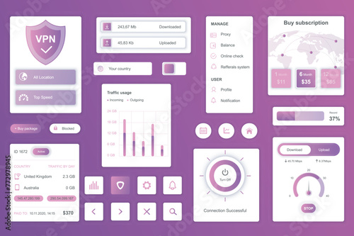 User interface elements set for VPN service mobile app or web. Kit template with HUD, download, upload, locations, speed, buy subscription, online security. Pack of UI, UX, GUI. Vector components.