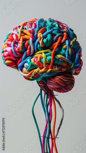 Colorful fabric brain sculpture on neutral background