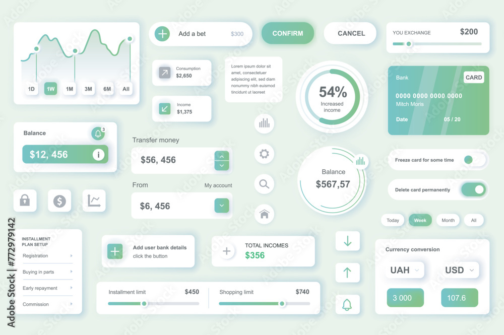 User interface elements set for Banking mobile app or web. Kit template with HUD, credit card management, income balance data, money transfer, online account. Pack of UI, UX, GUI. Vector components. - obrazy, fototapety, plakaty 
