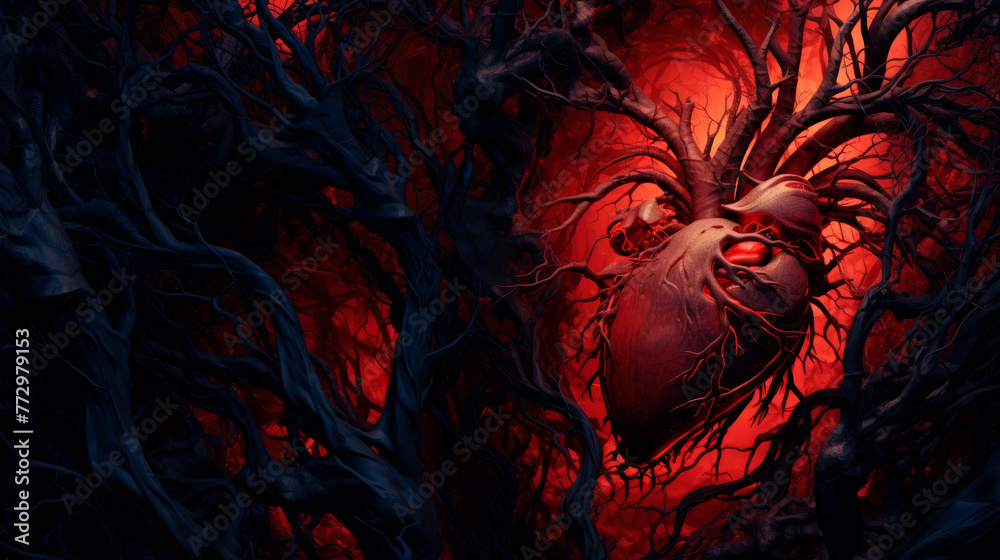 Heart surrounded by trees with red glow