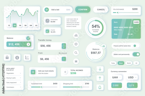 User interface elements set for Banking mobile app or web. Kit template with HUD, credit card management, income balance data, money transfer, online account. Pack of UI, UX, GUI. Vector components.