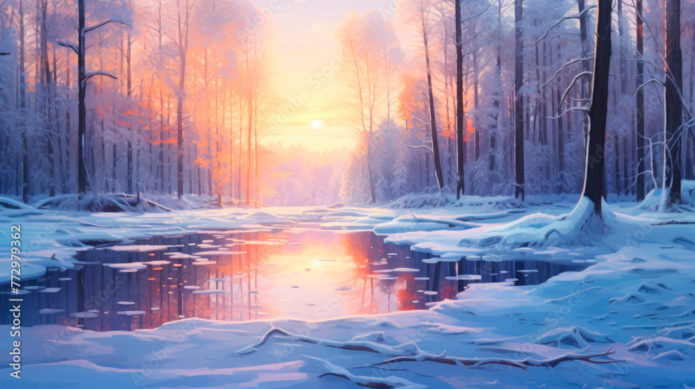 Naklejka premium Winter forest sunset painting