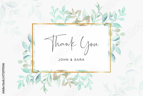 Thank You Card With Watercolor Green Leaves Frame