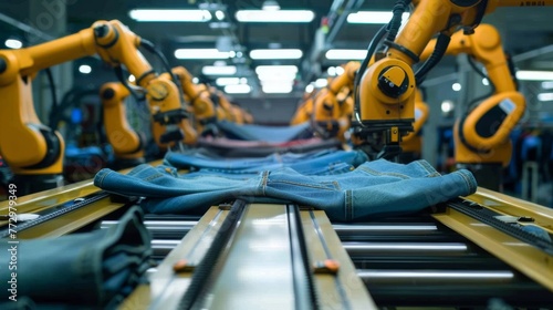 Automated clothing factory. Fashion industry. Modern robotic clothing production. Automated hand sewing clothes