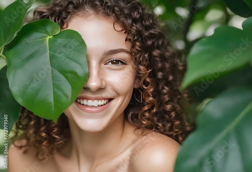 Natural Beauty Woman with Tropical Leaf