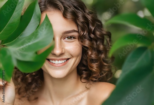 Natural Beauty Woman with Tropical Leaf