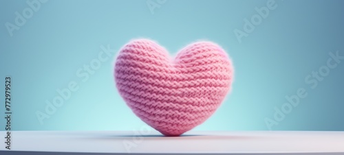 a pink knitted heart on a white surface