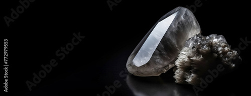 Quartz is a rare precious natural stone on a black background. AI generated. Header banner mockup with space.