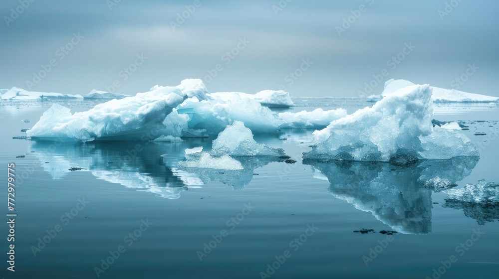 Serene icebergs and ice floes in calm water with a moody blue overcast. Serene icebergs and ice floes in calm water with a moody blue overcast.