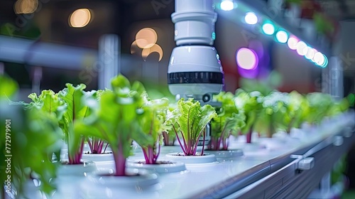 Indoor hydroponic farm with plants under artificial lighting. photo