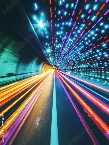 A colorful highway with a tunnel in the middle. The tunnel is lit up with neon lights, creating a vibrant and dynamic atmosphere. The image captures the energy