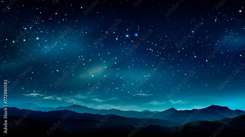 Night sky filled with stars above towering mountains