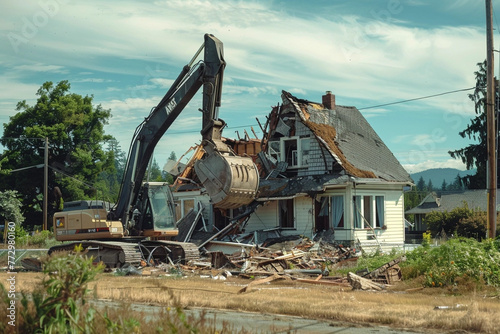 backhoe demolishing an old house in an American style neighborhood for renovations and construction